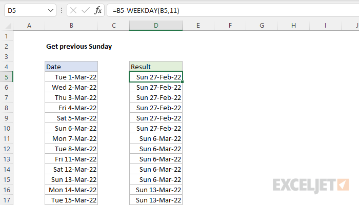 Get previous Sunday Excel formula Exceljet